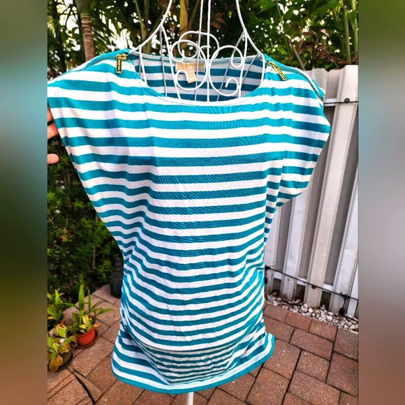 Michael Kors stripped stretch shirt, aqua & white, Sz Medium, EUC - Picture 1 of 8